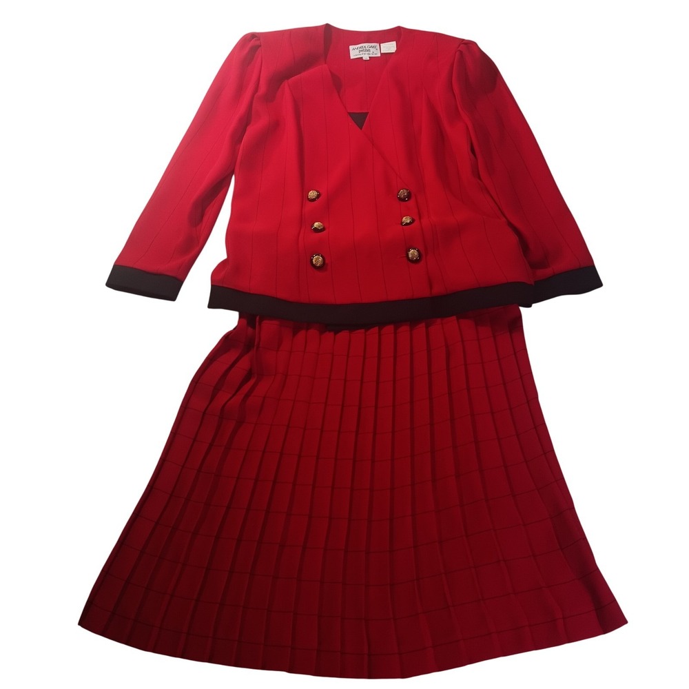 Andrea Gayle Petites Vintage Striped Skirt Set Red Black Womens Size 10P Suit